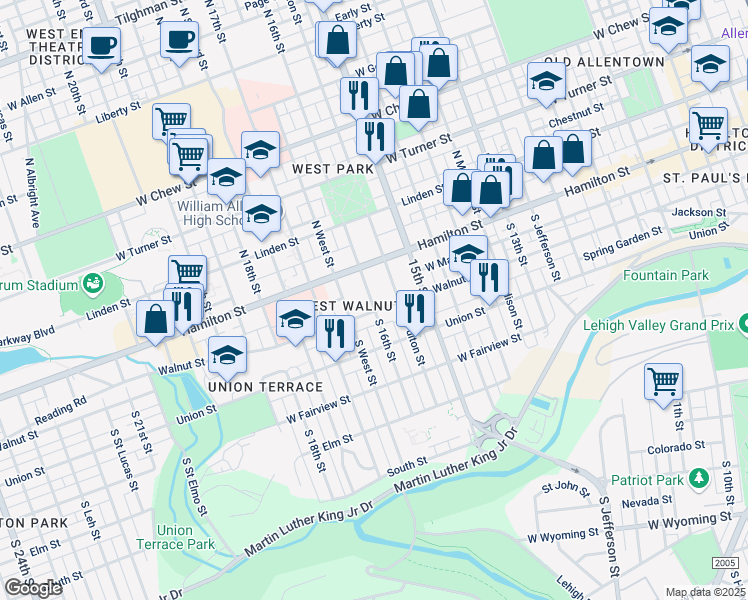 map of restaurants, bars, coffee shops, grocery stores, and more near 39 South 16th Street in Allentown