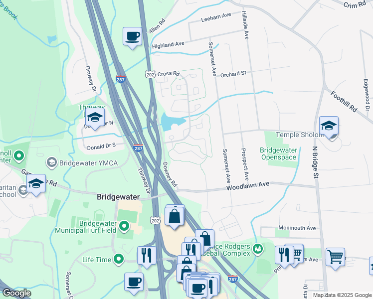 map of restaurants, bars, coffee shops, grocery stores, and more near 332 Greenfield Road in Bridgewater Township