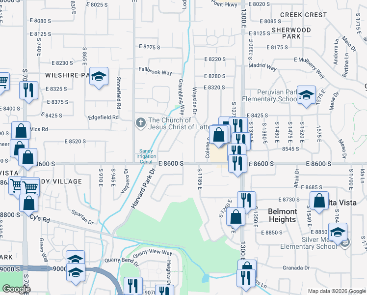 map of restaurants, bars, coffee shops, grocery stores, and more near 1134 Tulane Circle in Sandy