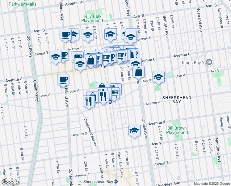 map of restaurants, bars, coffee shops, grocery stores, and more near 2235 East 16th Street in Brooklyn