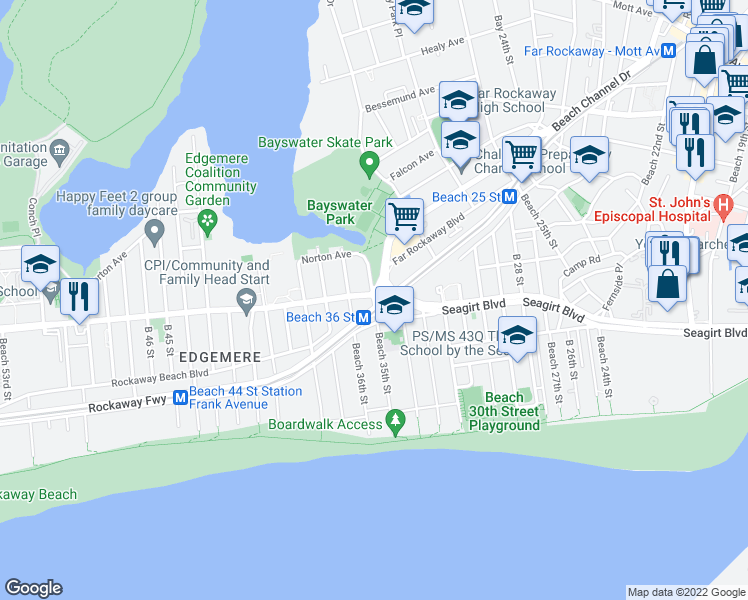 map of restaurants, bars, coffee shops, grocery stores, and more near 3-31 Beach 35th Street in Queens
