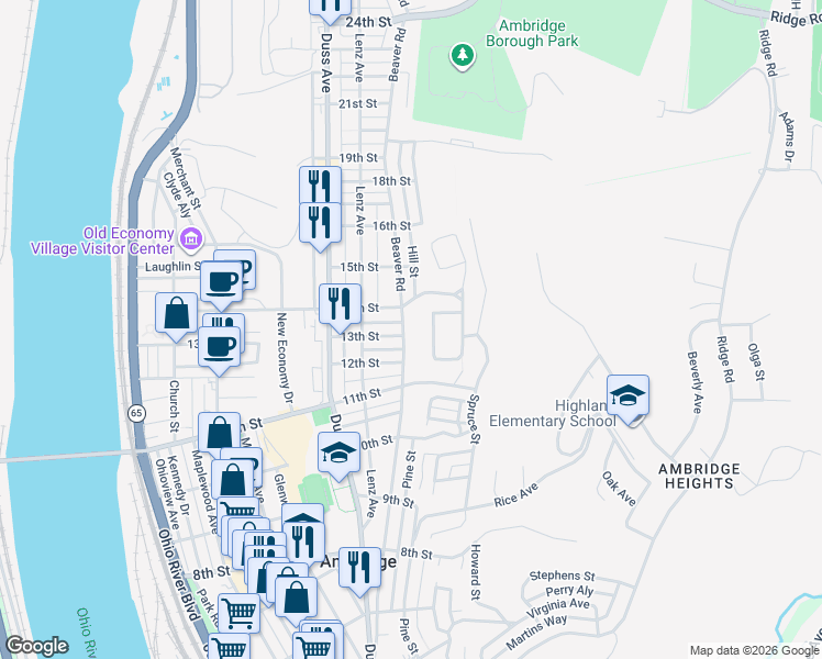 map of restaurants, bars, coffee shops, grocery stores, and more near 1306 Beaver Street in Ambridge