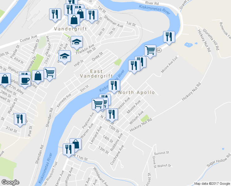 map of restaurants, bars, coffee shops, grocery stores, and more near 1802 River Road in Apollo