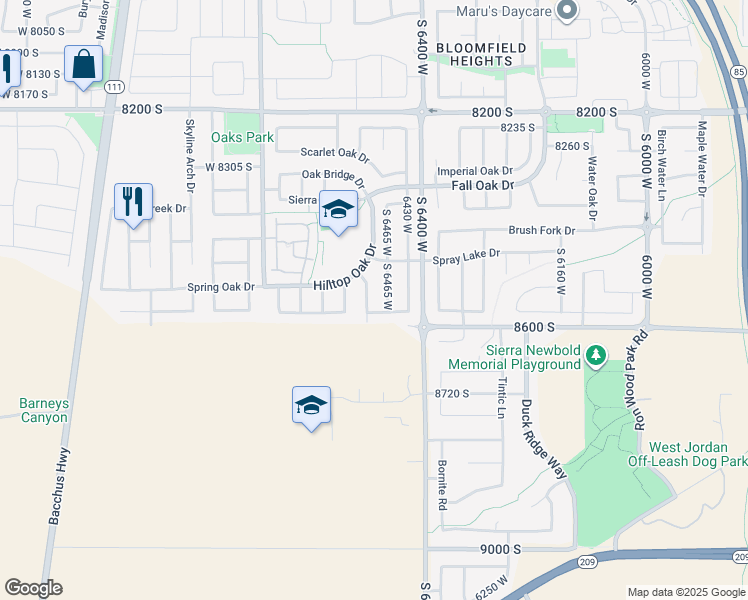 map of restaurants, bars, coffee shops, grocery stores, and more near 8551 Laurel Oak Drive in West Jordan