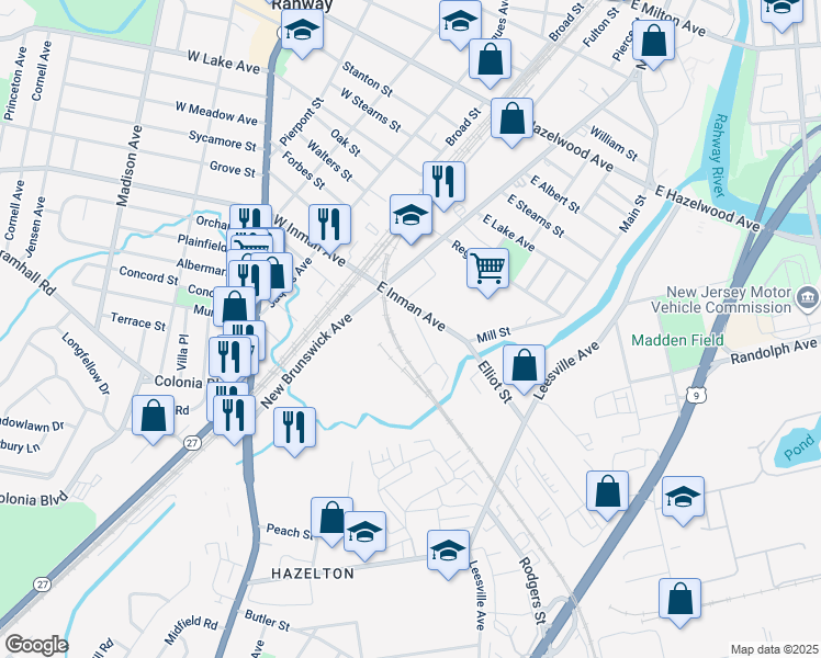 map of restaurants, bars, coffee shops, grocery stores, and more near 167 Wescott Drive in Rahway