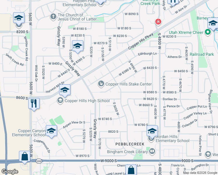 map of restaurants, bars, coffee shops, grocery stores, and more near 5112 West 8430 South in West Jordan