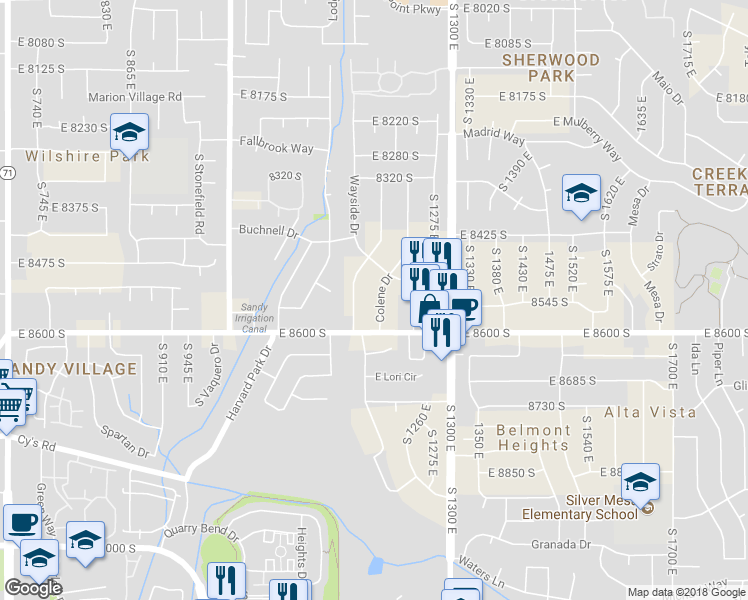 map of restaurants, bars, coffee shops, grocery stores, and more near 8542 Colene Drive in Sandy