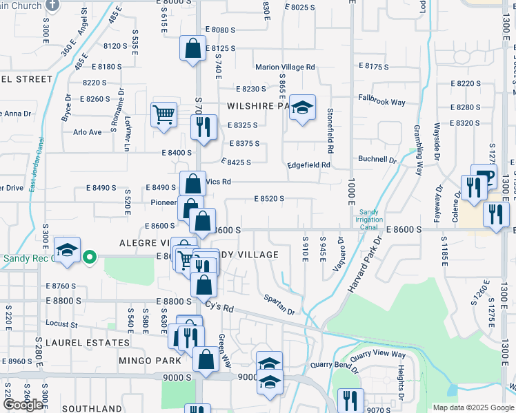 map of restaurants, bars, coffee shops, grocery stores, and more near 8534 Ray Circle in Sandy