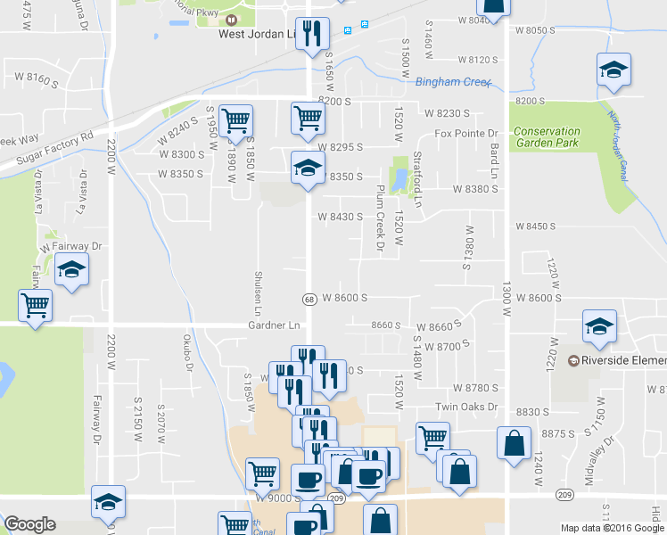 map of restaurants, bars, coffee shops, grocery stores, and more near 8537 South Redwood Road in West Jordan