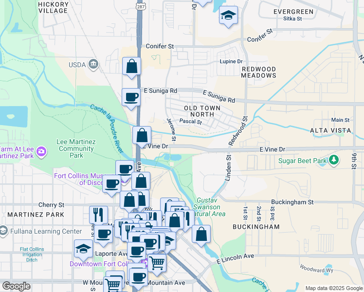map of restaurants, bars, coffee shops, grocery stores, and more near 335 East Vine Drive in Fort Collins
