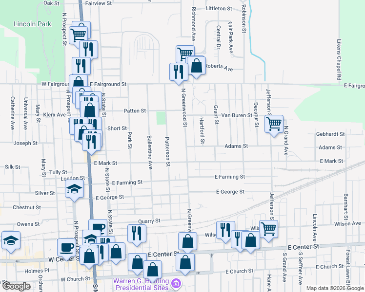 map of restaurants, bars, coffee shops, grocery stores, and more near 449 North Greenwood Street in Marion