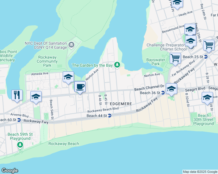 map of restaurants, bars, coffee shops, grocery stores, and more near 4-13 Beach 44th St in Queens