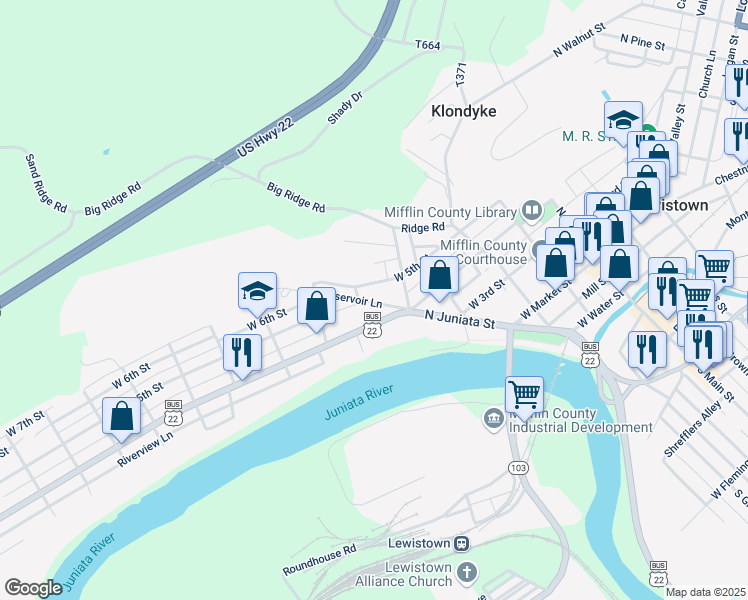 map of restaurants, bars, coffee shops, grocery stores, and more near 19 Reservoir Lane in Lewistown