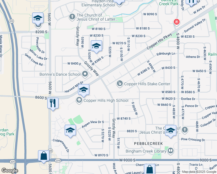 map of restaurants, bars, coffee shops, grocery stores, and more near 5235 Edinburgh Lane in West Jordan
