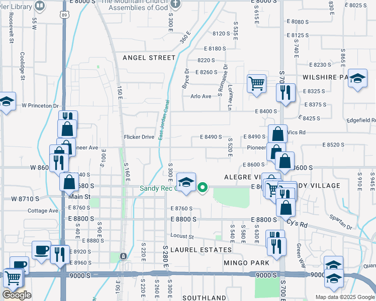 map of restaurants, bars, coffee shops, grocery stores, and more near 386 Pioneer Avenue in Sandy