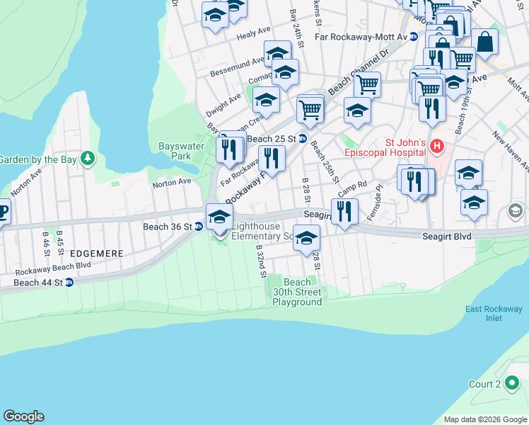 map of restaurants, bars, coffee shops, grocery stores, and more near 31-14 Seagirt Boulevard in Queens