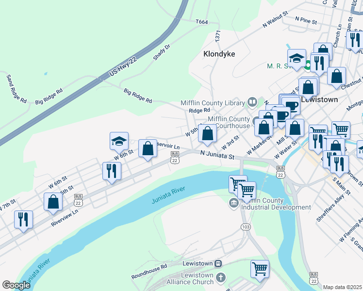 map of restaurants, bars, coffee shops, grocery stores, and more near 1-23 Reservoir Lane in Lewistown