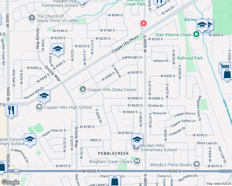 map of restaurants, bars, coffee shops, grocery stores, and more near 4983 Sallybrooke Way in West Jordan