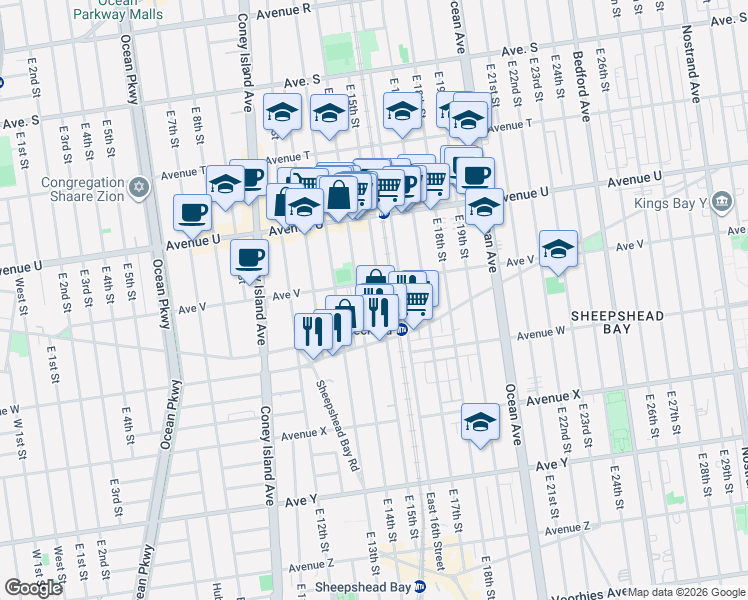 map of restaurants, bars, coffee shops, grocery stores, and more near 2226 East 15th Street in Brooklyn