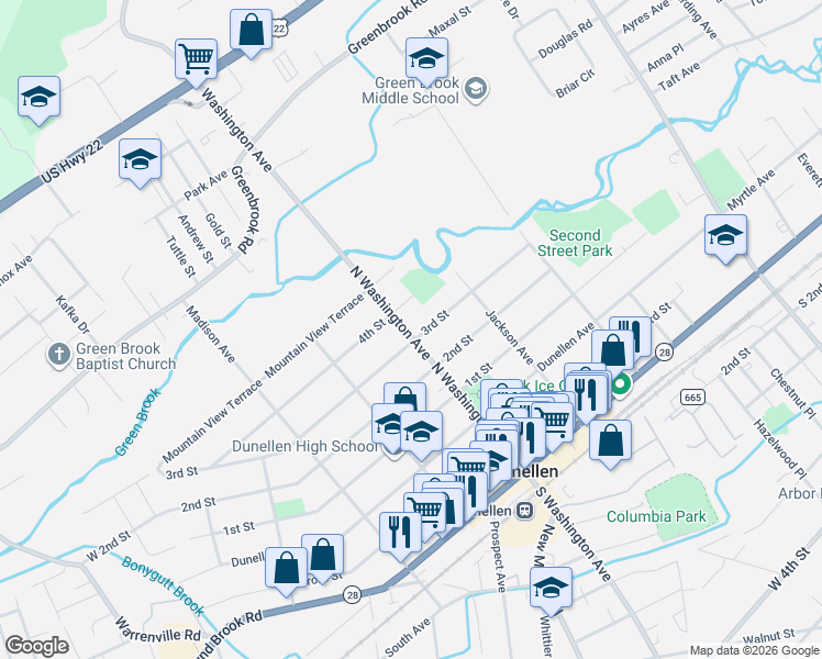 map of restaurants, bars, coffee shops, grocery stores, and more near 608 North Washington Avenue in Dunellen