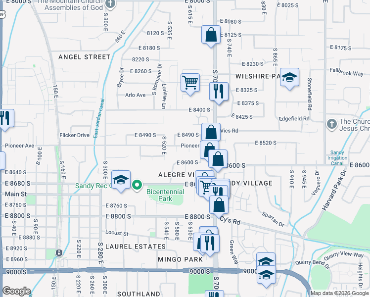map of restaurants, bars, coffee shops, grocery stores, and more near 602 Pioneer Avenue in Sandy