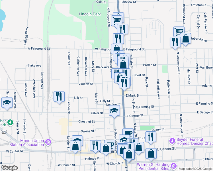 map of restaurants, bars, coffee shops, grocery stores, and more near 470 Oak Street in Marion