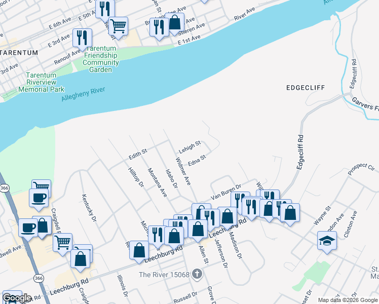 map of restaurants, bars, coffee shops, grocery stores, and more near 2724 Lehigh Street in New Kensington