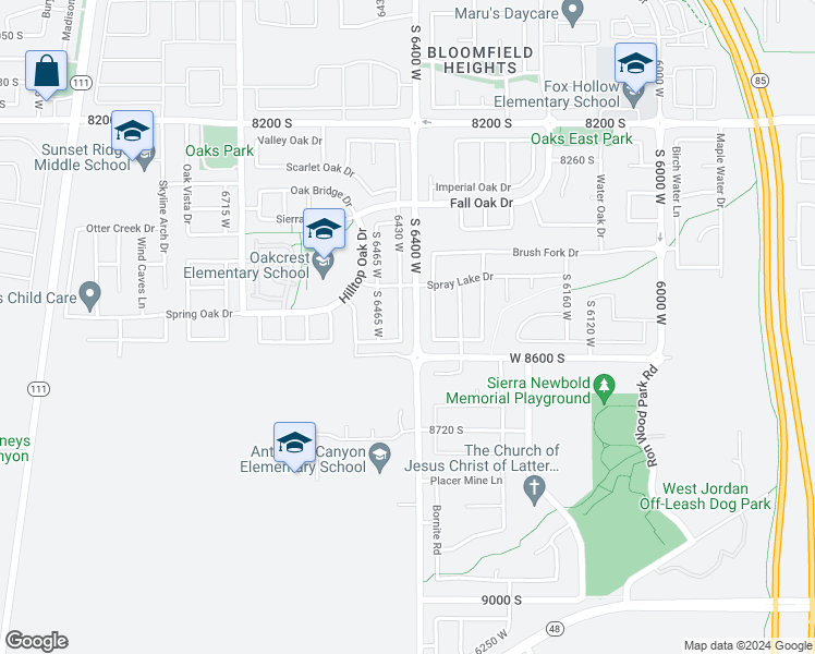 map of restaurants, bars, coffee shops, grocery stores, and more near 8553 6430 West in West Jordan