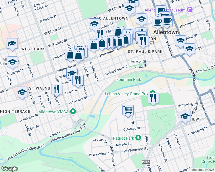 map of restaurants, bars, coffee shops, grocery stores, and more near 1147 Martin Luther King Junior Drive in Allentown