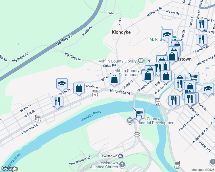 map of restaurants, bars, coffee shops, grocery stores, and more near 193 West 4th Street in Lewistown