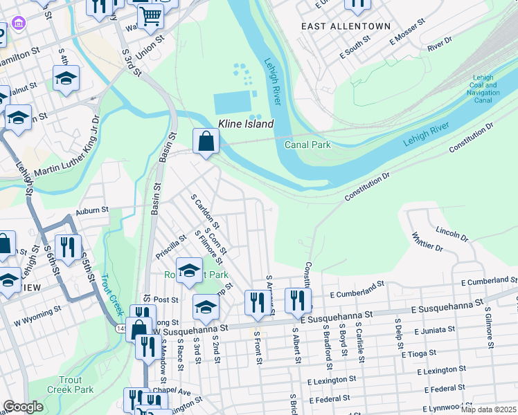 map of restaurants, bars, coffee shops, grocery stores, and more near 714 South Armour Street in Allentown
