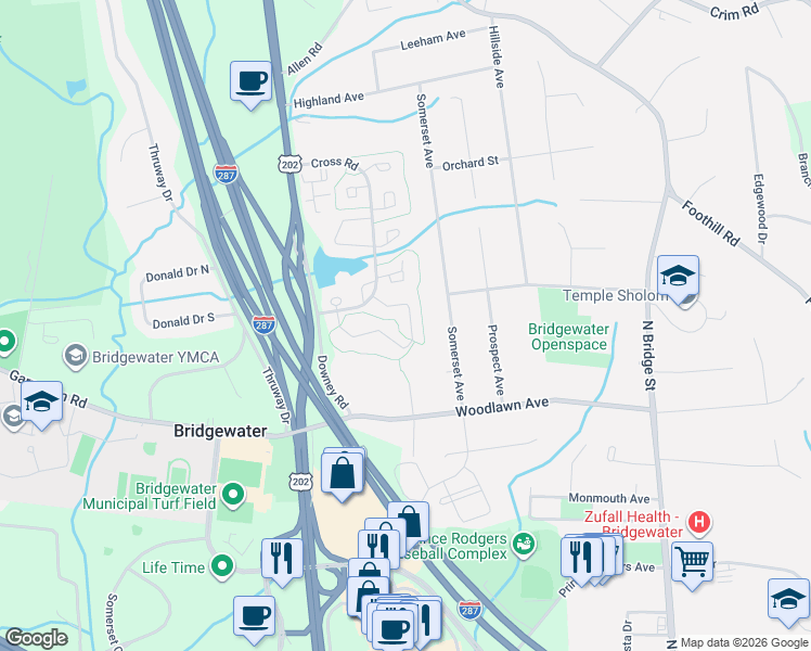 map of restaurants, bars, coffee shops, grocery stores, and more near 349 Greenfield Road in Bridgewater Township