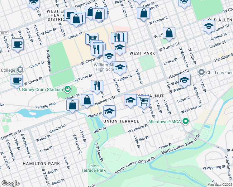 map of restaurants, bars, coffee shops, grocery stores, and more near 32 North 18th Street in Allentown
