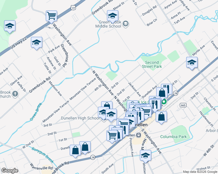 map of restaurants, bars, coffee shops, grocery stores, and more near 606 North Washington Avenue in Dunellen