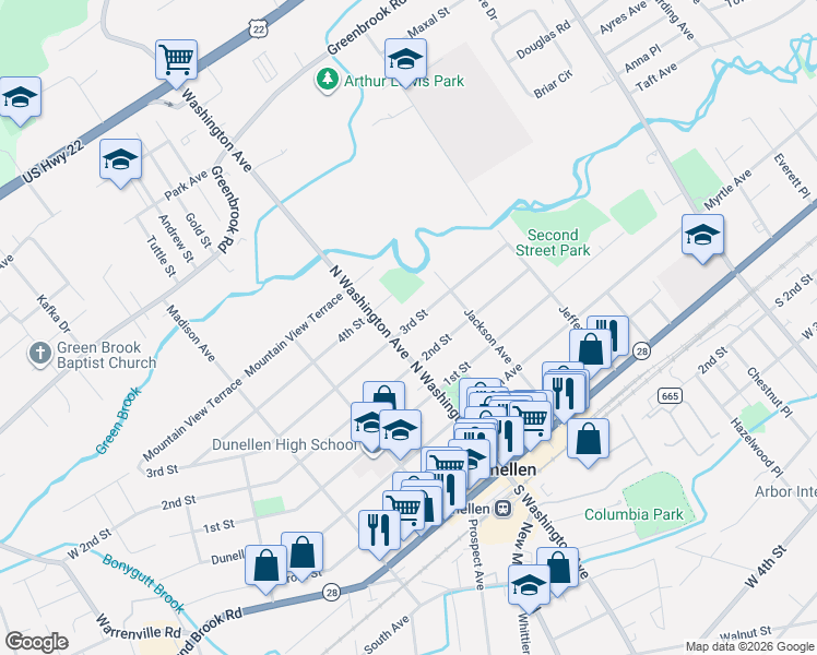 map of restaurants, bars, coffee shops, grocery stores, and more near 237 3rd Street in Dunellen