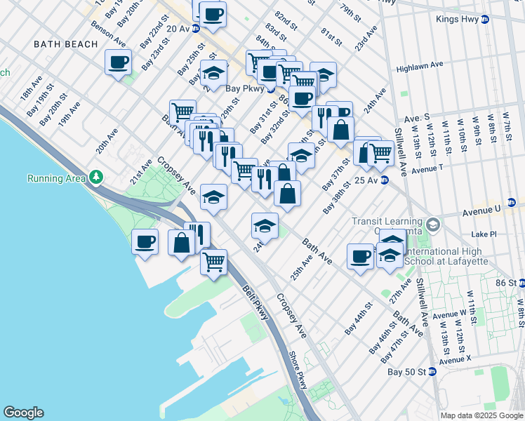 map of restaurants, bars, coffee shops, grocery stores, and more near 2355 Bath Avenue in Brooklyn