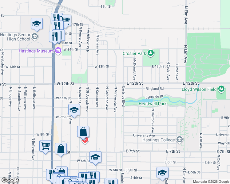 map of restaurants, bars, coffee shops, grocery stores, and more near 1114 North Minnesota Avenue in Hastings