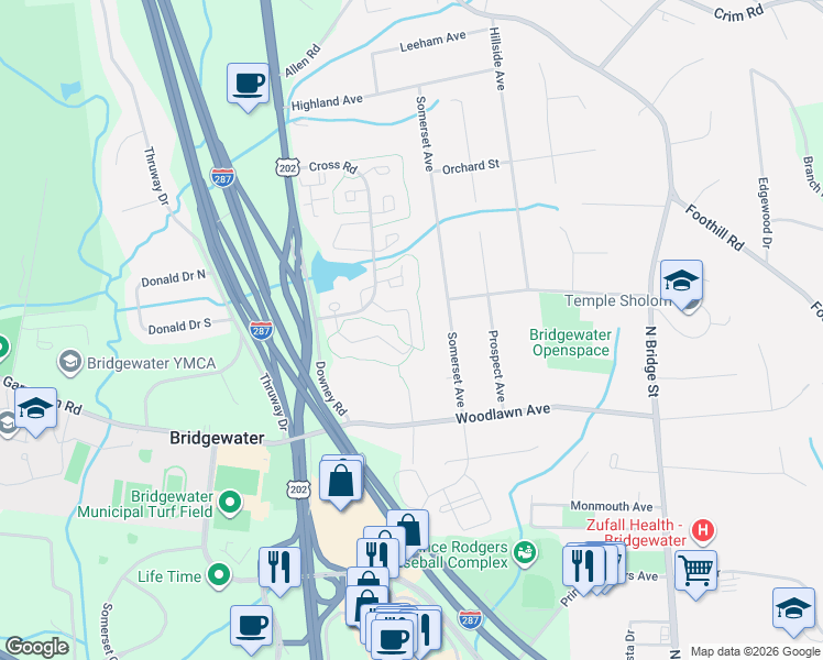 map of restaurants, bars, coffee shops, grocery stores, and more near 349 Greenfield Road in Bridgewater Township