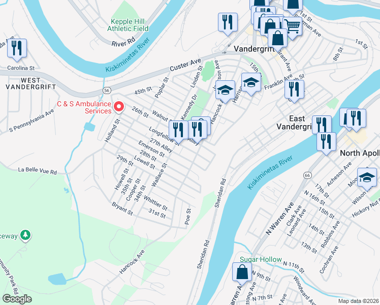 map of restaurants, bars, coffee shops, grocery stores, and more near 213 Longfellow Street in Vandergrift