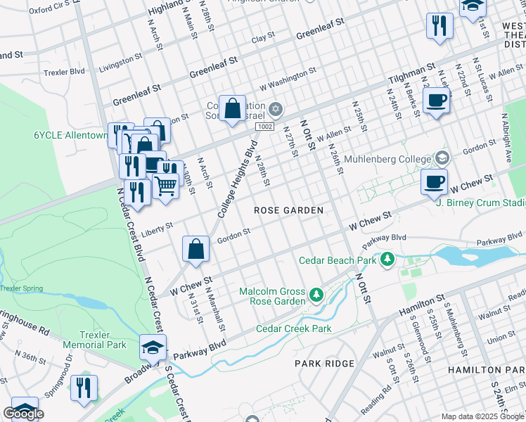 map of restaurants, bars, coffee shops, grocery stores, and more near 413 North Main Street in Allentown