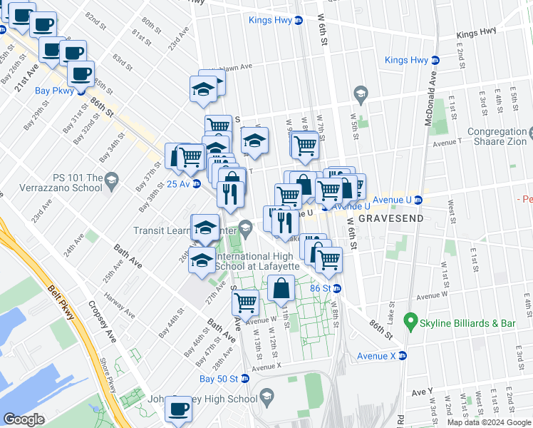map of restaurants, bars, coffee shops, grocery stores, and more near 39 Avenue U in Brooklyn