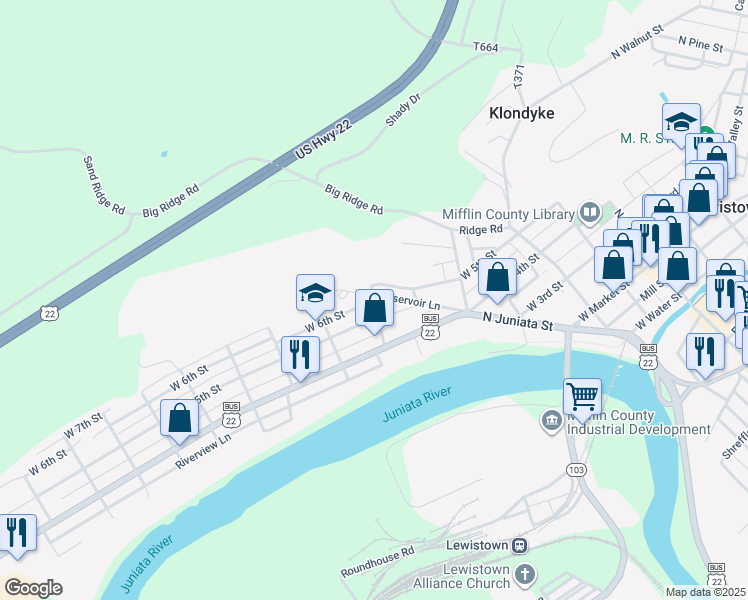 map of restaurants, bars, coffee shops, grocery stores, and more near Franklin Avenue in Lewistown