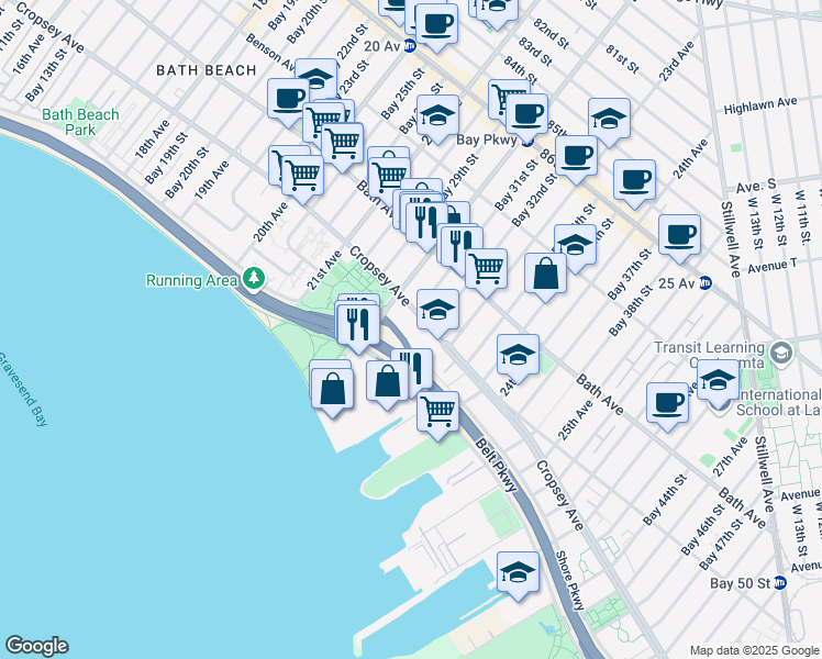 map of restaurants, bars, coffee shops, grocery stores, and more near 2230 Cropsey Avenue in Brooklyn