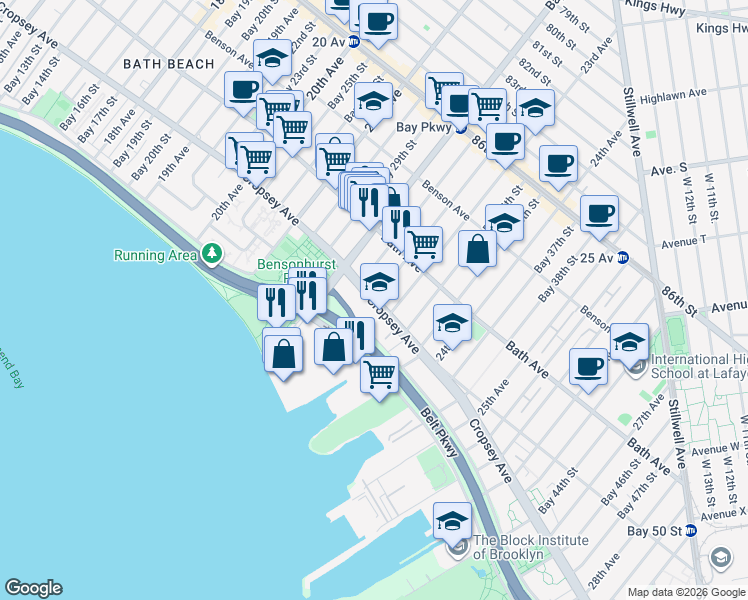 map of restaurants, bars, coffee shops, grocery stores, and more near Cropsey Avenue & Bay 32nd Street in Brooklyn