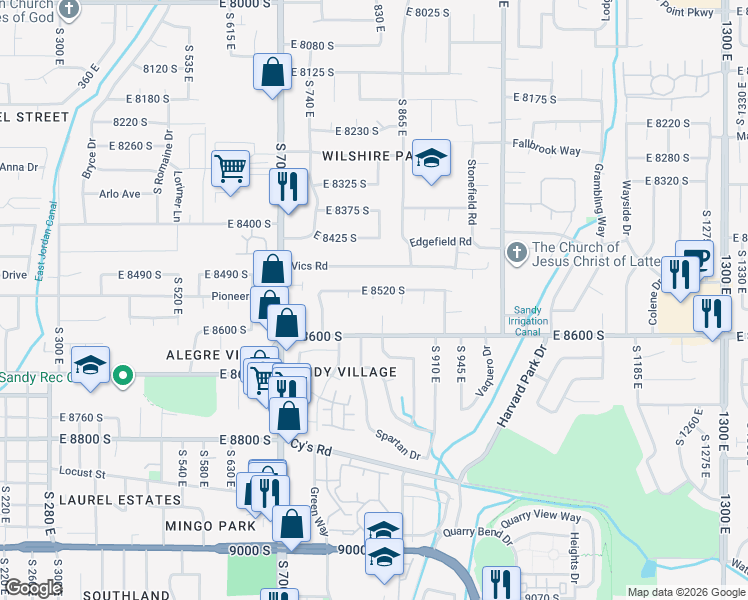 map of restaurants, bars, coffee shops, grocery stores, and more near 8534 Ray Circle in Sandy