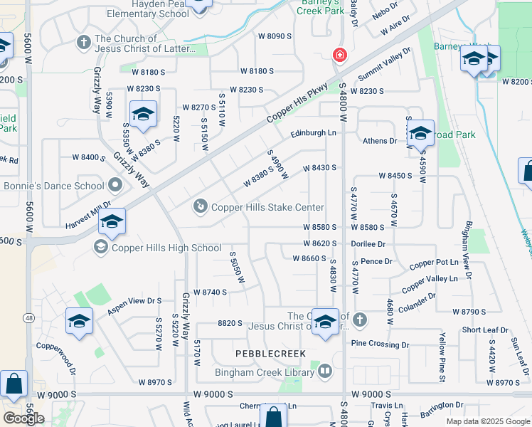 map of restaurants, bars, coffee shops, grocery stores, and more near 4983 Sallybrooke Way in West Jordan