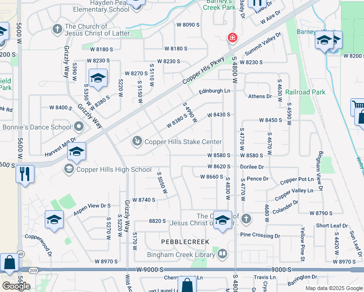 map of restaurants, bars, coffee shops, grocery stores, and more near 4983 Sallybrooke Way in West Jordan