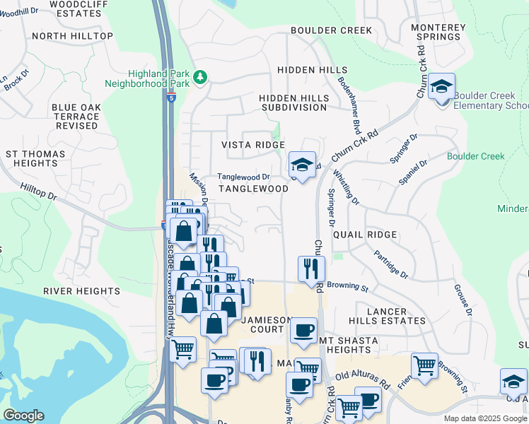 map of restaurants, bars, coffee shops, grocery stores, and more near 890 Canby Road in Redding