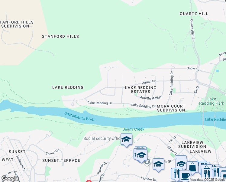 map of restaurants, bars, coffee shops, grocery stores, and more near 3084 Bedrock Lane in Redding