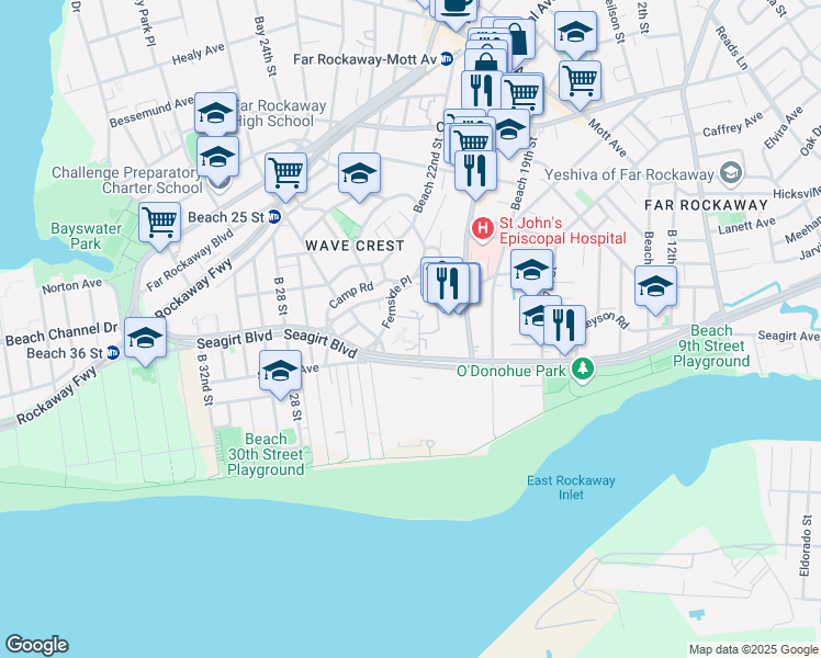 map of restaurants, bars, coffee shops, grocery stores, and more near 20-42 Seagirt Boulevard in Queens